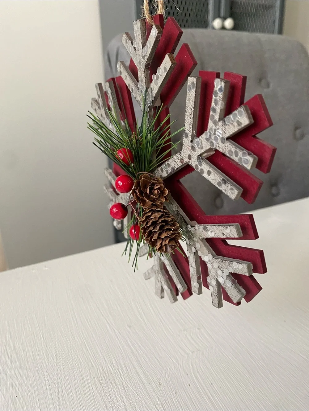 Farmhouse Rustic Christmas Ornaments Snowflake Red Metal Star & Burlap Snowman